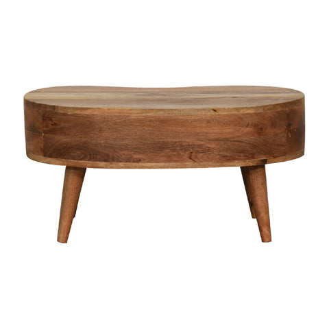 Mini oak-ish wave coffee table with rustic oval natural wood top and four tapered legs coffee table design