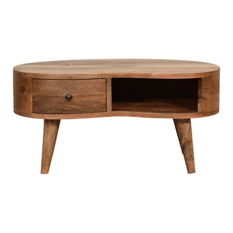 Rustic mini oak-ish wave coffee table with natural wood finish, one drawer, and open shelf on the right side