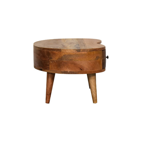 Rustic mini oak-ish wave coffee table with oval shape, single drawer, and tapered wooden legs perfect for living rooms