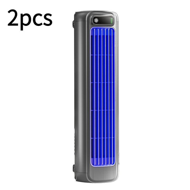 Gray portable usb air cooler with blue illuminated grille and digital display for bedroom kitchen bathroom use