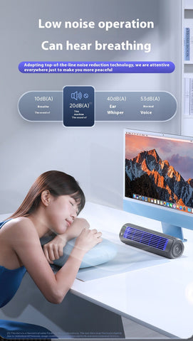 Black cylindrical mini portable air cooler with blue led lights usb charging for bedroom kitchen bathroom use