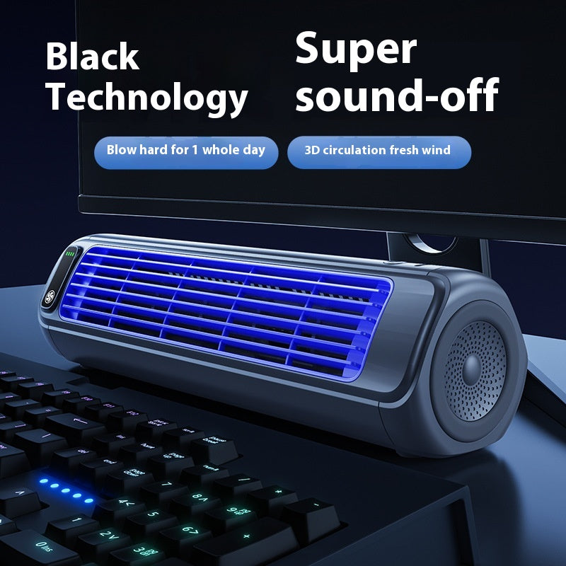 Black and gray portable air cooler with blue led lighting and built-in speaker for bedroom kitchen bathroom use