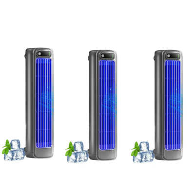 Three sleek gray portable air coolers with blue illuminated panels and ice cubes for mini air conditioner use