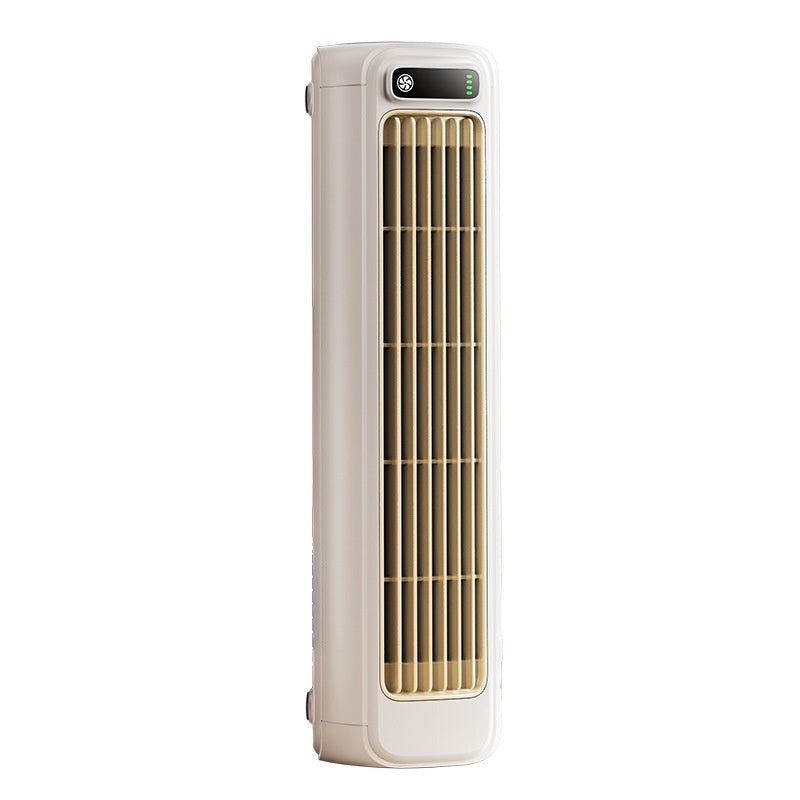 Cream-colored mini portable air cooler tower fan with vertical beige slats and digital display for silent air conditioning