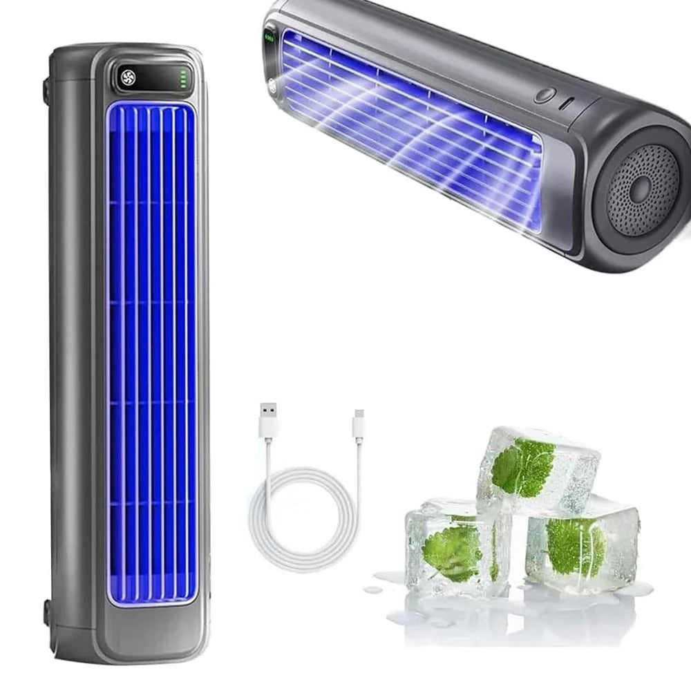 Gray portable mini air cooler with blue uv-c light panel and usb charging cable for bedroom and kitchen use