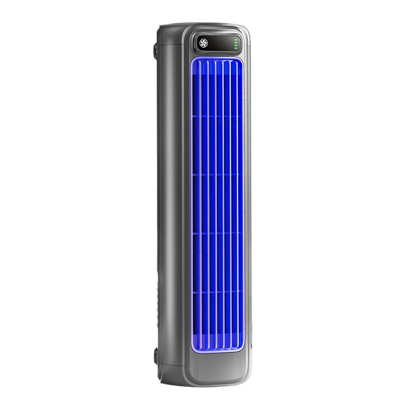 Gray portable tower air cooler with glowing blue grille and digital display usb charging for bedroom kitchen bathroom
