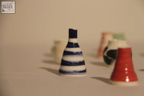 Mini pot ceramic sake bottle with glossy blue and white stripes perfect for your mini pot mystery collection