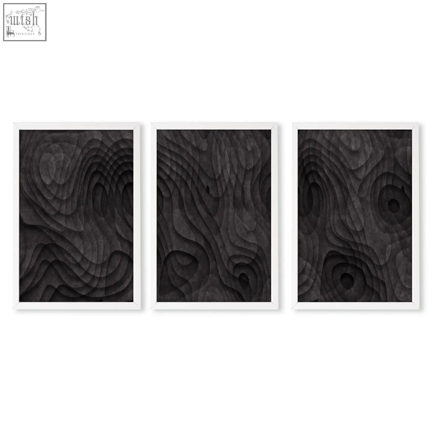 Set of three black wood relief art prints with dark charcoal minimalist topographic wave texture in white frames