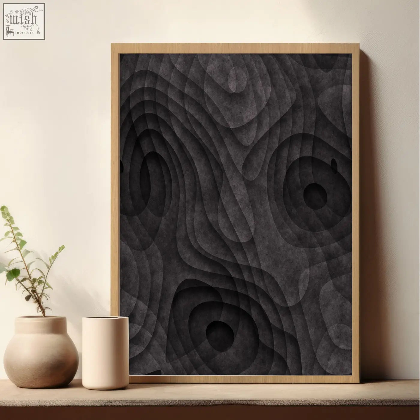 Minimalist art dark charcoal abstract topographic wave textured art print in light wood frame for wall decor set of 3