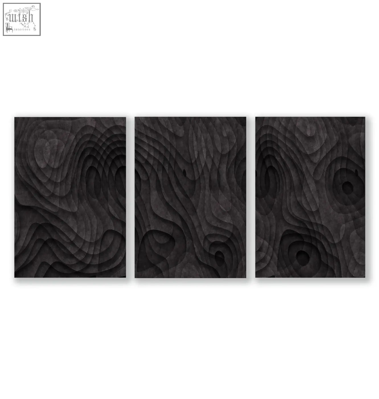 Black wood relief art prints set with minimalist dark charcoal layered topographic wave patterns for wall decor