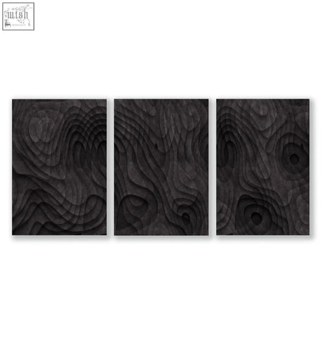 Black wood relief art prints set with minimalist dark charcoal layered topographic wave patterns for wall decor