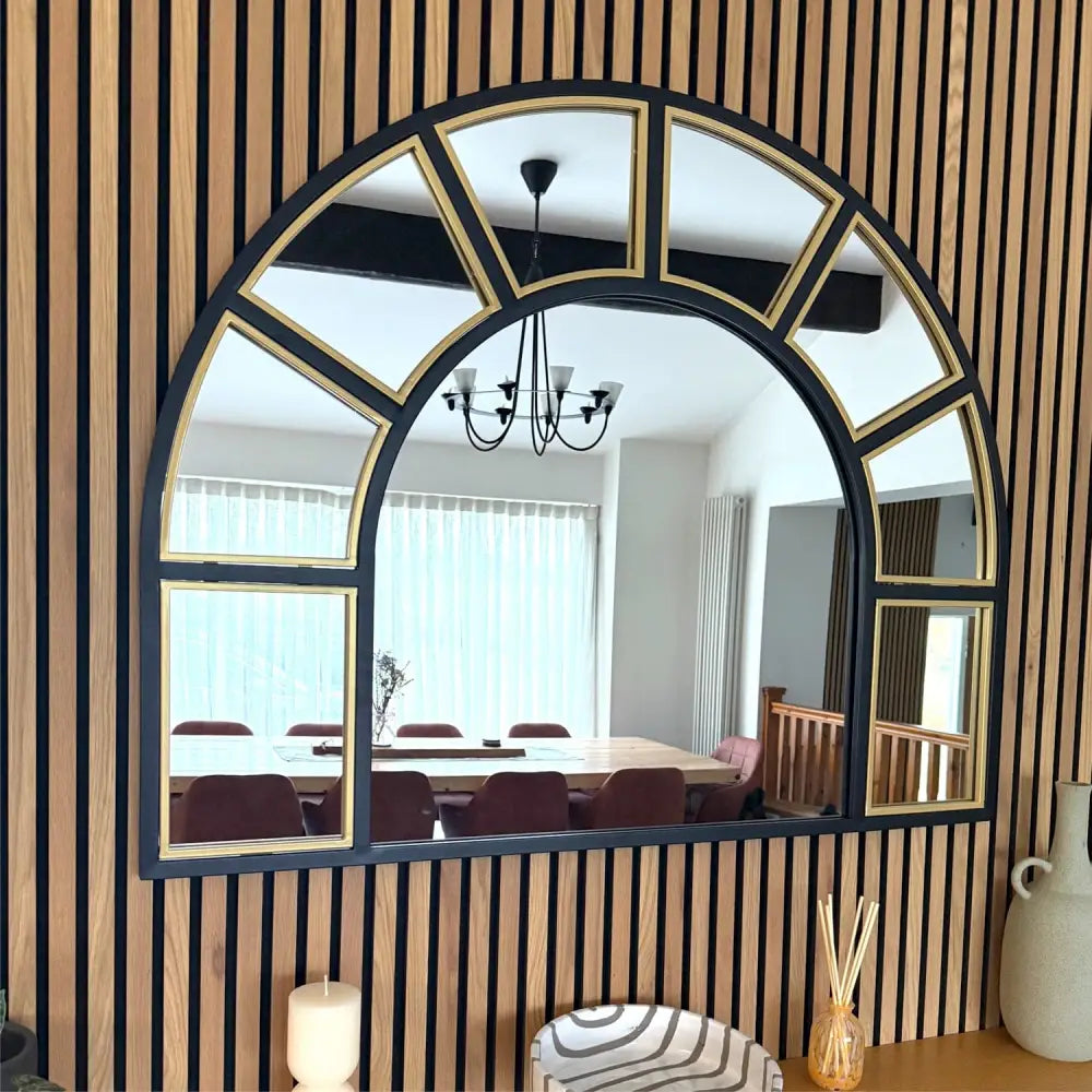 Mio - Black & Gold Metal Arched Window Mirror - 95cm x 120cm - Mirror