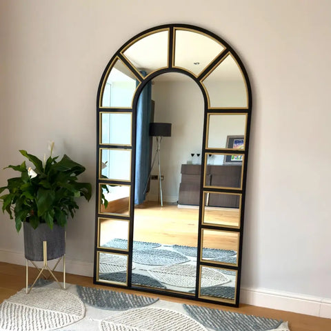 Mio - Full Length Black & Gold Metal Arched Window Mirror - 180cm x 105cm. - Mirror