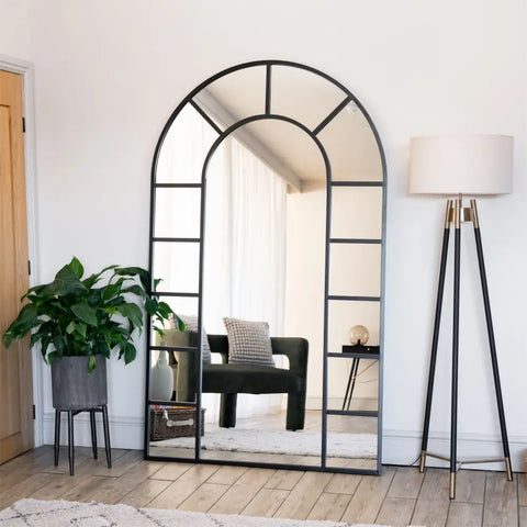 Mio - Full Length Black Metal Arched Window Mirror - 180cm x 90cm. - Mirror