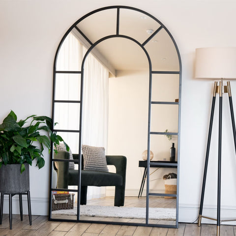 Mio - Full Length Black Metal Arched Window Mirror - 180cm x 90cm.