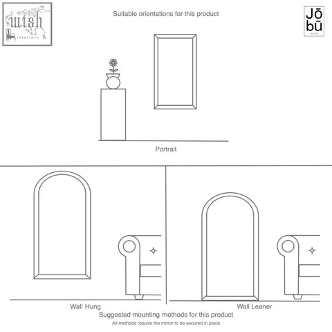 Mio full length gold metal arched window mirror with thin frame designed for wall mounting in portrait orientation