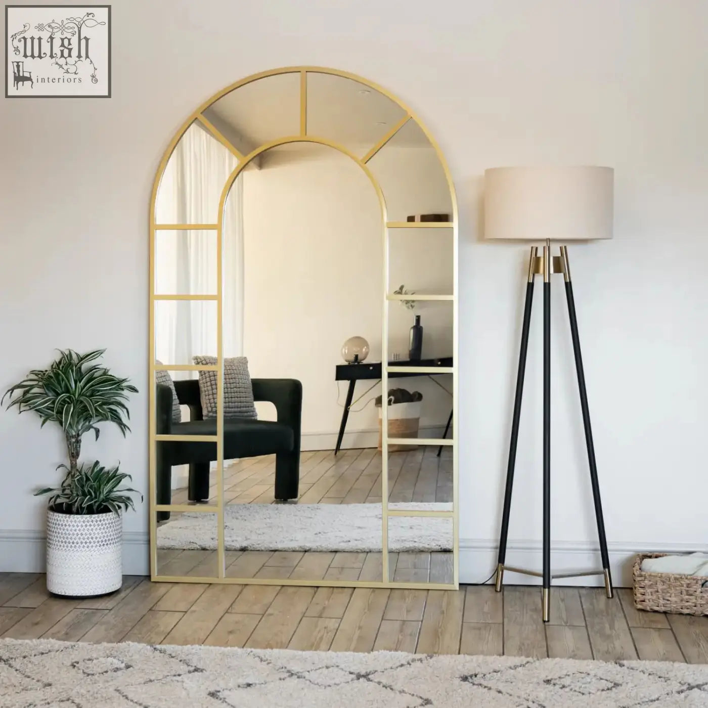 Gold metal arched full length window mirror with geometric grid design measuring 180cm by 90cm