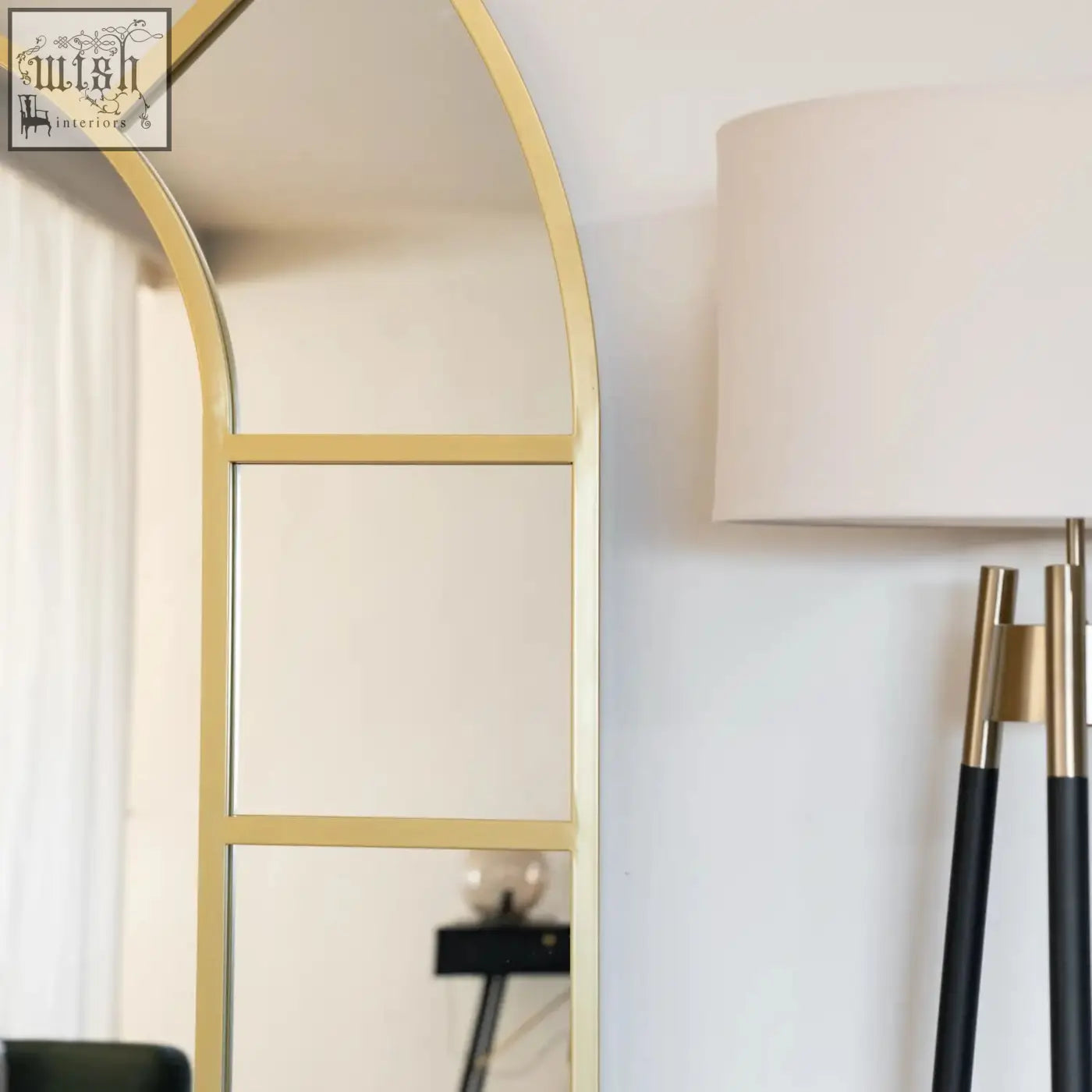Mio full length gold metal arched window mirror with geometric panel design 180cm x 90cm