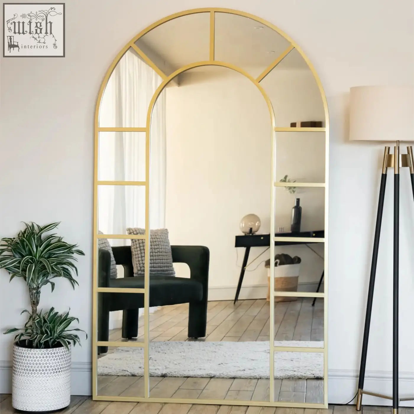 Gold metal arched full length window mirror with segmented glass panels and decorative grid design 180cm x 90cm