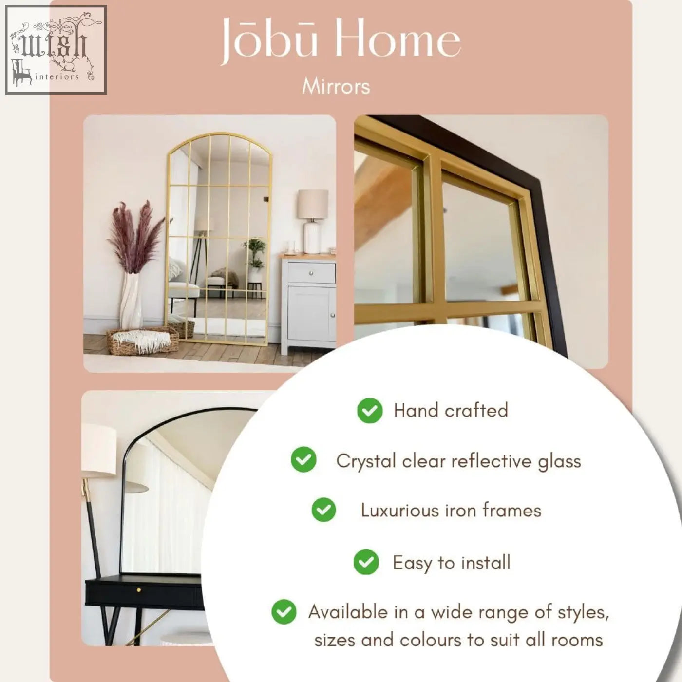 Gold metal arched window mirror with full length reflective glass and luxurious iron frame measuring 180cm x 90cm