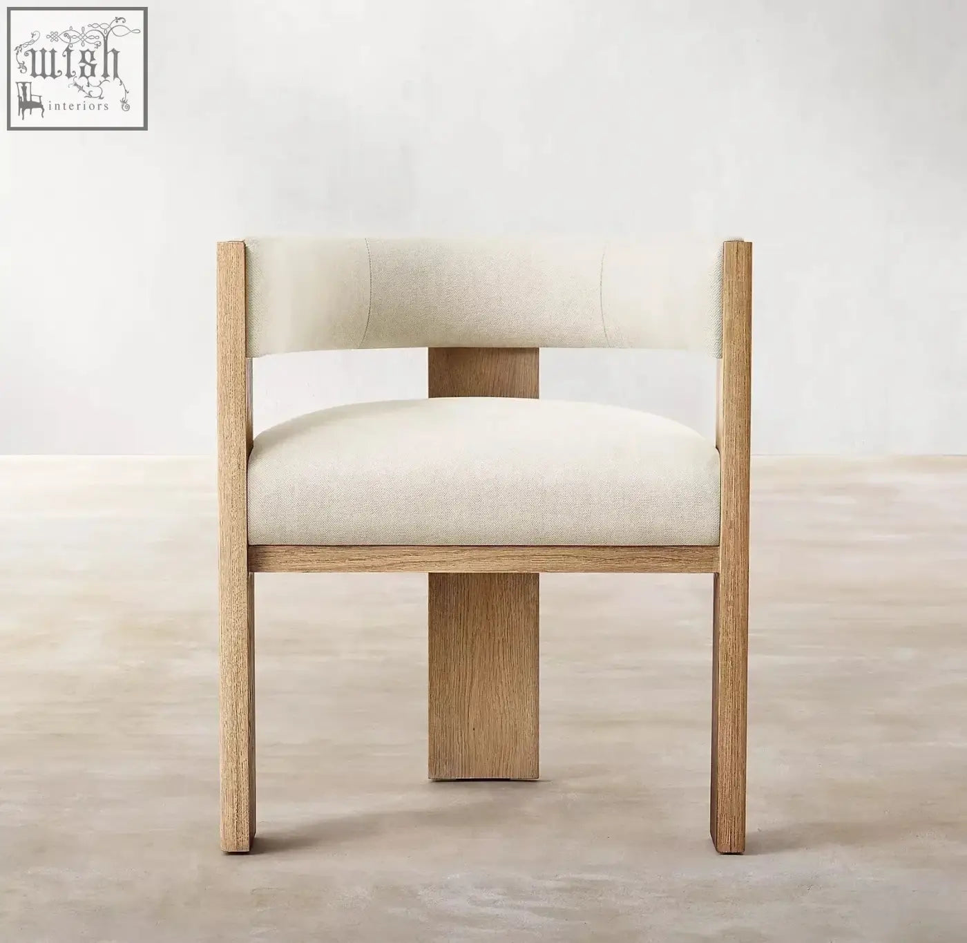 Beige upholstered miran chair with solid oak wood frame and minimalist design combines comfort and style
