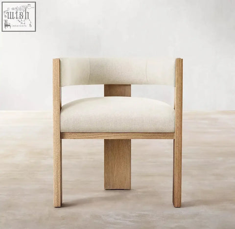 Beige upholstered miran chair with solid oak wood frame and minimalist design combines comfort and style