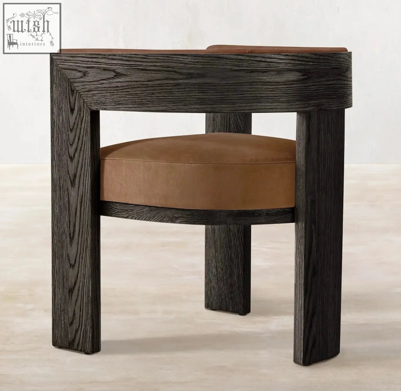 Dark wood-framed miran chair with tan leather seat and backrest combines solid oak wood durability and style