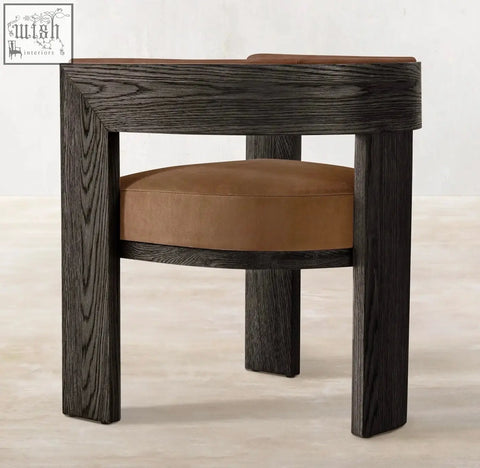 Dark wood-framed miran chair with tan leather seat and backrest combines solid oak wood durability and style