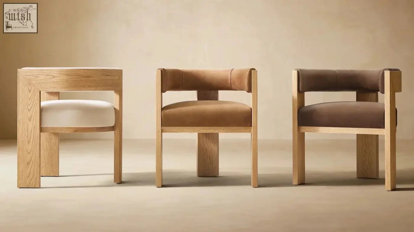 Three miran chairs combine solid oak wood with cream tan and brown upholstered seats and backs for stylish comfort