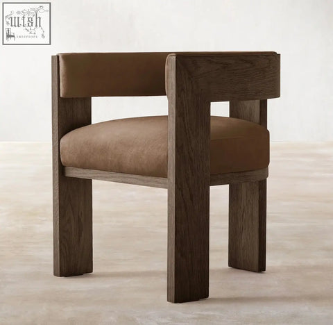 A miran chair with solid oak wood frame in dark stain and plush taupe upholstery combines style and comfort