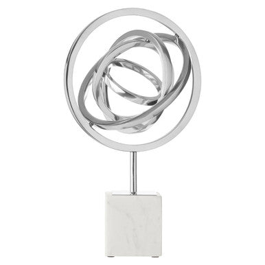 Mirano silver finish spiral sculpture with bright silver metallic rings on a separate sleek marble base