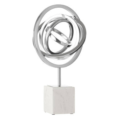 Mirano silver finish spiral sculpture with bright silver metallic rings on a sleek white separate base