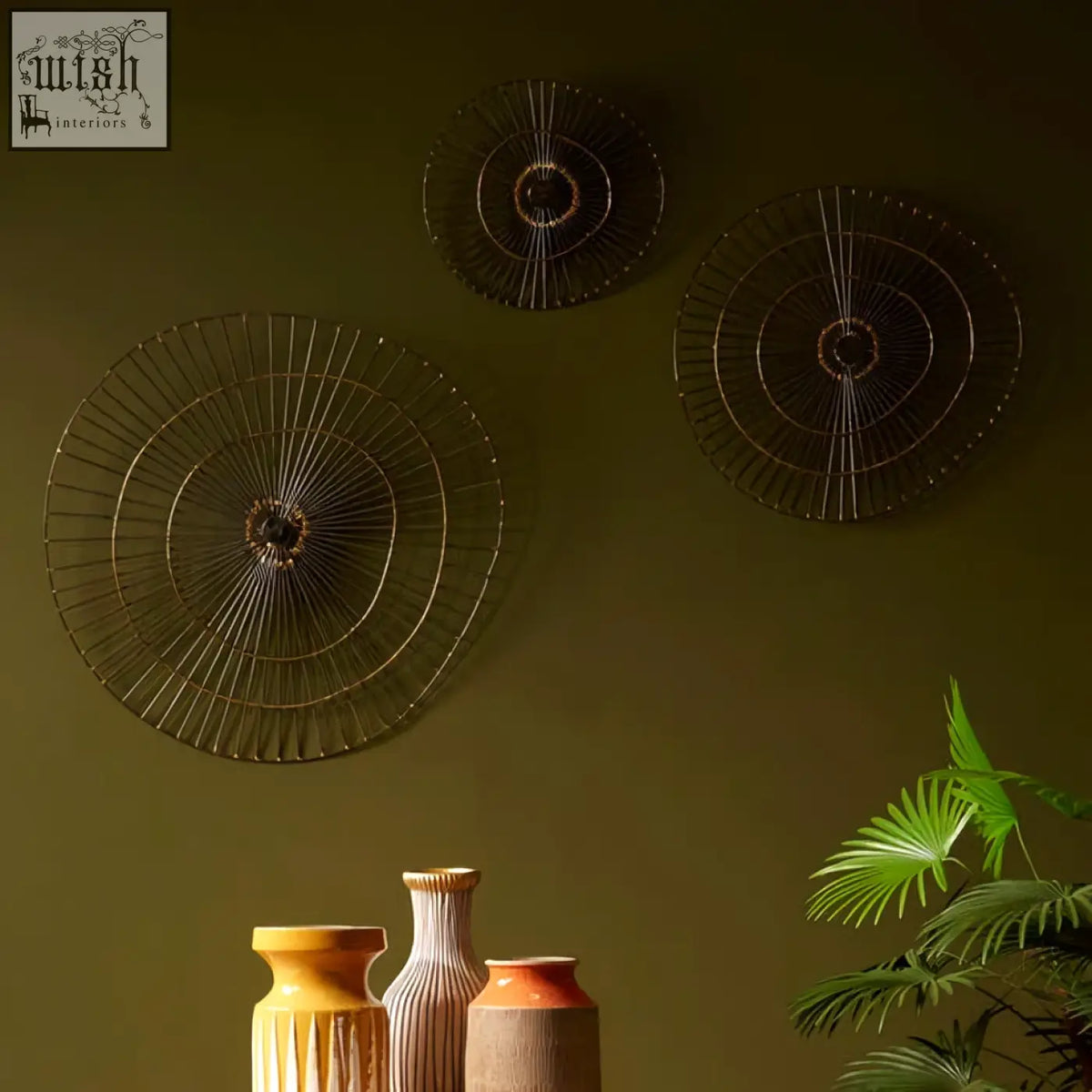 Three small abstract metal wall art pieces with concentric radial patterns perfect for abstract wall art decor