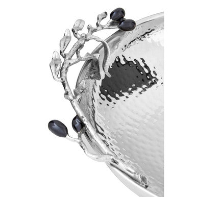 Miressa low silver hammered metal bowl with ornate branch and olive design perfect as a silver grapes fruit bowl