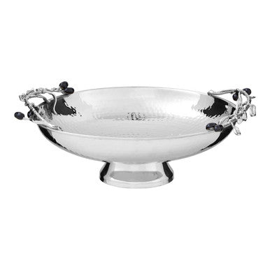 Miressa low silver grapes fruit bowl with hammered finish and ornate silver grapevine handles for serving fruit