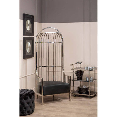 Chrome finished birdcage style armchair with black upholstered seat called miressa small black party bucket