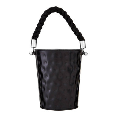 Miressa small black party bucket made of hammered metal with braided rope handle and silver hardware