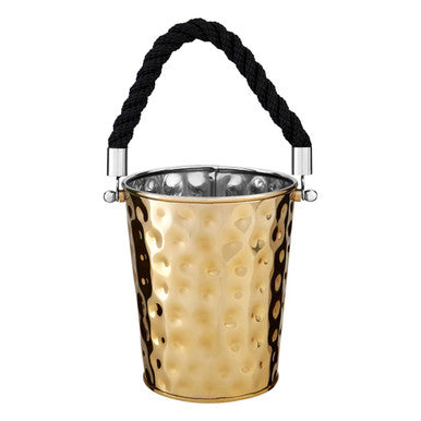 Miressa small gold party bucket made of hammered metal with a gold finish and black braided rope handle