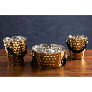 Miressa small gold party bucket made of hammered metal with gold finish and black rope handles perfect for parties