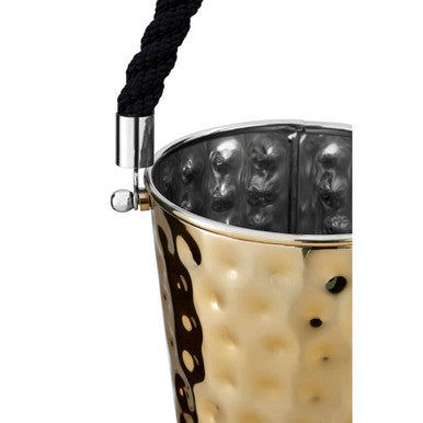Miressa small gold party bucket made of hammered gold-toned metal with black braided rope handle for parties