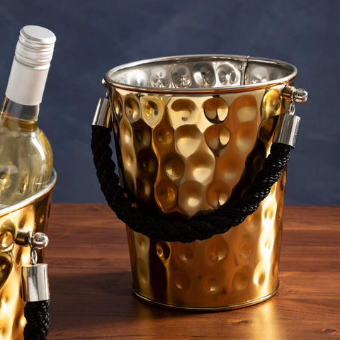 Miressa small gold hammered metal party bucket with black braided rope handle and silver hardware for entertaining