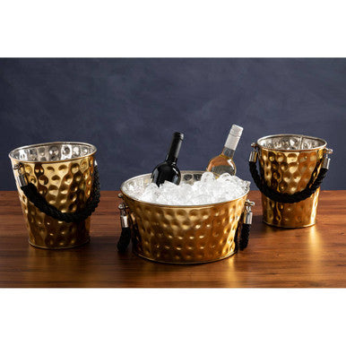 Miressa small gold hammered metal party bucket with black rope handles perfect for small gold gatherings