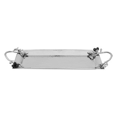 Silver rectangular miressa small grapes tray with ornate blackberry vine handles for serving and decor