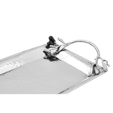 Silver leaf-shaped miressa small grapes tray with hammered finish and branching handle for serving snacks
