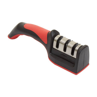 Misia red and black knife sharpener with three stainless steel slots for easy sharpening of black knives