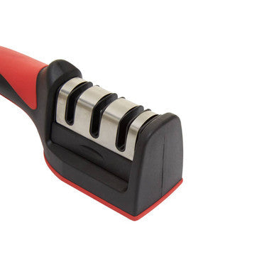 Misia red and black knife sharpener with three stainless steel slots for quick sharpening of black knives