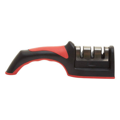 Misia red and black knife sharpener with three stainless steel slots for easy sharpening of black knives