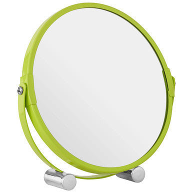 Mison lime green circular shaving mirror with sleek metallic stand and feet for easy tabletop use
