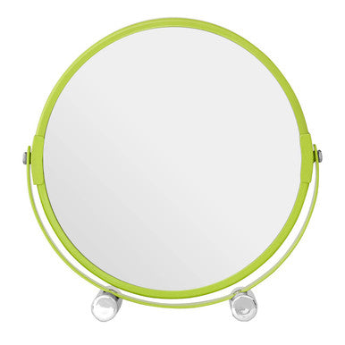 Mison lime green circular shaving mirror with sleek metal frame and clear plastic feet for stable tabletop use