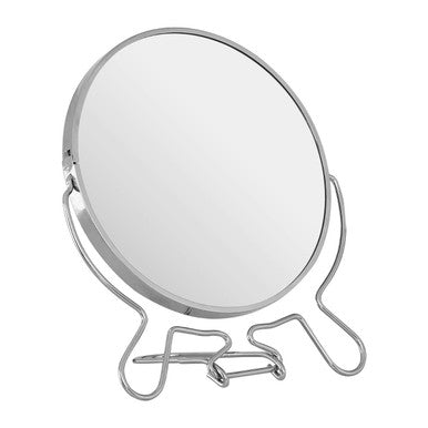 Silver framed round vanity mirror with sleek minimalist design and wire stand from mison silver effect shaving mirror